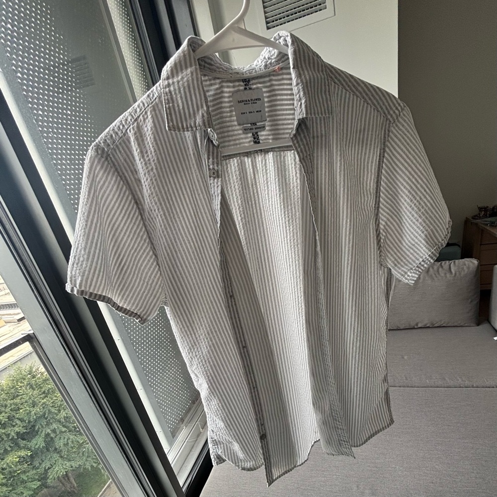 Gray and White Striped Casual Button Down Shirt
